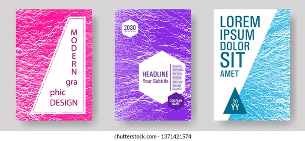 Brochure layout design templates. Teal pink purple waves texture backdrops. Advertising banner or covers. Buzzing flux ripple movement background. Business brochure vector cover layouts set.
