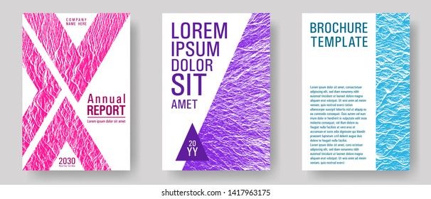 Brochure layout design templates. Teal pink purple waves texture backdrops. Business brochure vector cover layouts set. Tect newsletter cover templates. Buoyant wavy flux background pattern.