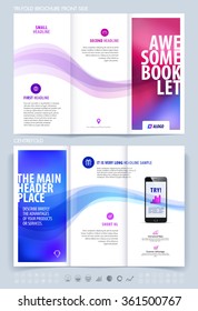 Brochure layout, flyer and cover design template with dynamic waves background. Vector illustration.