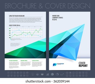 Brochure layout, flyer and cover design template with polygonal paper plane graphics. Vector illustration.