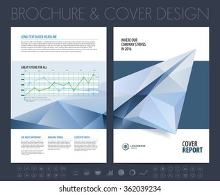 Brochure layout, flyer and cover design template with polygonal paper plane graphics. Vector illustration.