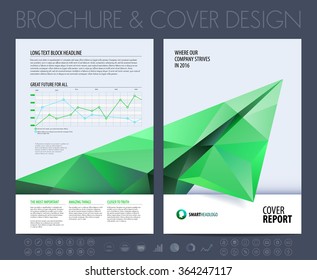 Brochure layout, flyer and cover design template with polygonal paper plane graphics. Vector illustration.