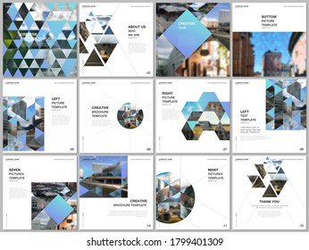 Brochure layout of square covers design templates with triangles, triangular pattern for square flyer leaflet, brochure design, report, presentation, magazine cover. Background with place for photo.