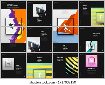 Brochure layout of square covers design templates for square flyer leaflet, brochure design, presentation, magazine cover. Abstract colored sport backgrounds for sport event, fitness design.