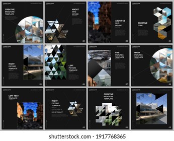 Broschüre Layout der quadratischen Cover Design-Vorlagen mit Dreiecken, Dreiecksmuster für quadratische Flyer-Broschüren, Broschüren-Design, Bericht, Präsentation, Titelblatt. Hintergrund mit Platz für Foto.