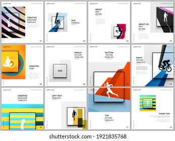 Brochure layout of square covers design templates for square flyer leaflet, brochure design, presentation, magazine cover. Abstract colored sport backgrounds for sport event, fitness design.