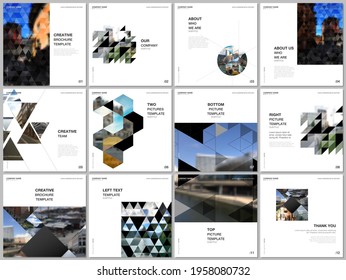 Brochure layout of square covers design templates with triangles, triangular pattern for square flyer leaflet, brochure design, report, presentation, magazine cover. Background with place for photo.