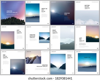 Diseño de folletos de las plantillas de cubiertas cuadradas para volante cuadrado, diseño de folletos, presentación, revista. Niebla, amanecer por la mañana y puesta de sol por la noche. Paisajes naturales con montañas