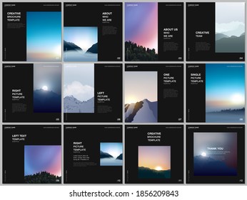 Diseño de folletos de las plantillas de cubiertas cuadradas para volante cuadrado, diseño de folletos, presentación, revista. Niebla, amanecer por la mañana y puesta de sol por la noche. Paisajes naturales con montañas