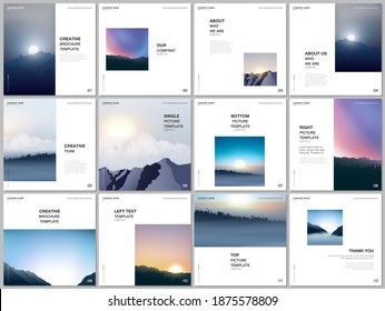 Broschüren Layout von quadratischen Titelvorlagen für quadratische Flyer, Broschüren Design, Präsentation, Magazin. Nebel, Sonnenaufgang morgens und Sonnenuntergang abends. Naturhintergründe mit Bergen