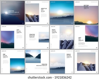 Brochure layout of square covers templates for square flyer leaflet, brochure design, presentation, magazine. Fog, sunrise in morning and sunset in evening. Nature landscape backgrounds with mountains