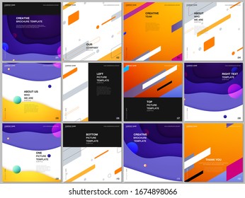 Brochure layout of square format covers design templates for square flyer leaflet, brochure design, report, presentation, magazine cover. Minimal colorful geometric backgrounds with dynamic shapes.