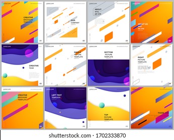 Brochure layout of square format covers design templates for square flyer leaflet, brochure design, report, presentation, magazine cover. Minimal colorful geometric backgrounds with dynamic shapes.