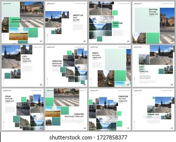 Brochure layout of square format covers design templates for square flyer leaflet, brochure design, report, presentation. Geometric green color abstract background with photos, consisting of squares