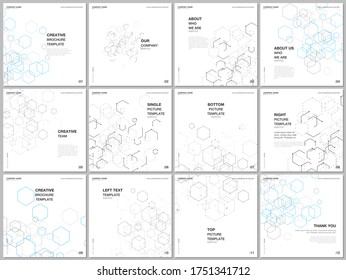 Brochure layout of square format covers design templates for square flyer leaflet, brochure design, presentation. Hexagonal molecule structure for medical, technology, chemistry, science concepts