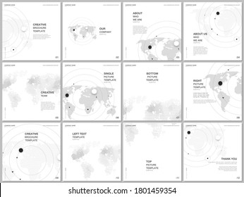 Brochure layout of square format covers design templates for square flyer, brochure design, report, presentation, magazine cover. World map concept backgrounds with world map infographics elements.