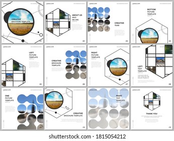 Brochure layout of square format covers templates for square flyer leaflet, brochure design, report, presentation, magazine cover. Abstract smart technology design with hexagons and place for photo.