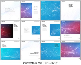 Brochure layout of square format covers design templates for square flyer leaflet, brochure design, report, presentation, magazine cover. Polygonal science background with connecting dots and lines.