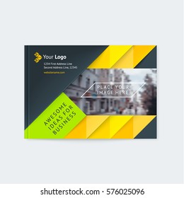 Brochure layout of the template cover design annual report, a magazine with a green and yellow triangles and stripes, with logo and space for photo and text. Vector illustration of a modern flat style