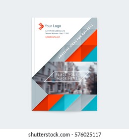 Brochure layout of the template cover design annual report, a magazine with a red and blue triangles and stripes, with logo and space for photo and text. Vector illustration of a modern flat style.