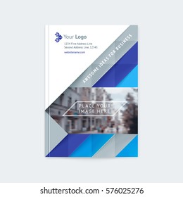 Brochure layout of the template cover design annual report, a magazine with a blue and gray triangles and stripes, with logo and space for photo and text. Vector illustration of a modern flat style.