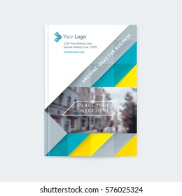 Brochure layout of the template cover design annual report, a magazine with a yellow, turquoise triangles and stripes, with logo and space for photo, text. Vector illustration of a modern flat style