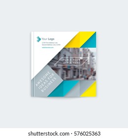 Brochure layout of the template cover design annual report, a magazine with a yellow, turquoise triangles and stripes, with logo and space for photo, text. Vector illustration of a modern flat style