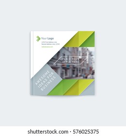 Brochure layout of the template cover design annual report, a magazine with a green and gray triangles and stripes, with logo and space for photo and text. Vector illustration of a modern flat style.