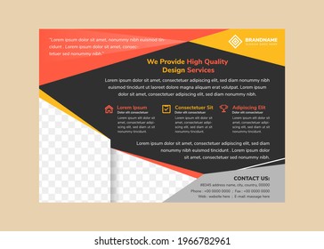 Brochure layout template flyer design vector with horizontal flyer black background. Space for photo on bottom. triangle red and yellow element. 