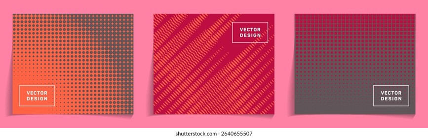 Brochure layouts with halftone structure backdrops vector bunch. Contemporary busines brochure cover pages. Decorative backgrounds for education projects. Folder mockups.