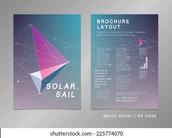 Brochure / leaflet / cover / page layout template. Polygonal design, geometric sharp surfaces, uv futuristic colorful digital style. Arrow shaped sail theme. Progress, development and growth concept. 