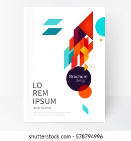 Brochure, leaflet, flyer, cover template. Minimalistic design, creative concept, modern diagonal abstract background Geometric vector element. Blue,yellow and red diagonal lines & triangles. 