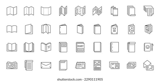Brochure line icons set. Flyer leaflet, catalogue, booklet, magazine, letterhead, open book and other polygraphy vector illustration. Outline signs for print shop. Editable Stroke - Shutterstock ID 2290111905