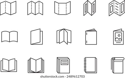 Symbole für Broschürenzeilen gesetzt. Flyer Faltblatt, Katalog, Broschüre, Magazin, Briefkopf, offenes Buch und andere polygrafische Vektorillustration. Umrissschilder für die Druckerei. Bearbeitbarer Strich