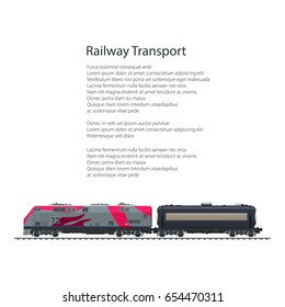 Brochure Locomotive with Railway Tank Car on Railway Platform , Cargo Train Isolated on White Background and Text, Cargo Land Transportation, Poster Flyer Design, Vector Illustration 