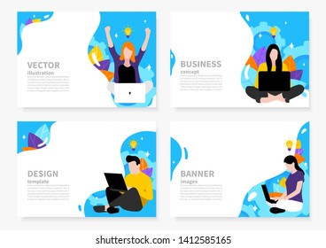 Brochure. The man behind the computer or laptop. Vector illustration. Business concept. Work on the Internet and new ideas. Template for registration. Simple bright flat style. Banner for information.