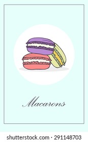 Brochure, menu, flyer, or invitation card template with colorful macaroons on pastel blue background. Perfect for bakery shop or cafe. Vector illustration eps8