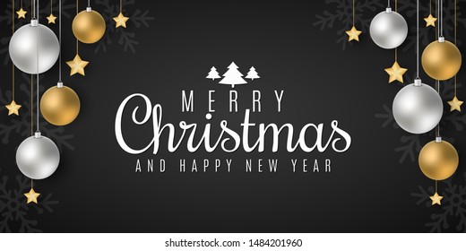 Brochure for Merry Christmas and Happy New Year. Christmas concept. Festive balls and golden stars. Greeting card. Beautiful lettering. Vector illustration. EPS 10