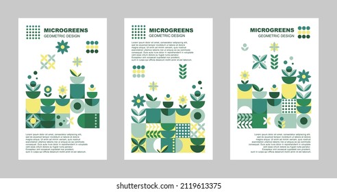 Brochure with microgreen set cards geometry on white background for print design. Vector banner template. Graphic illustration