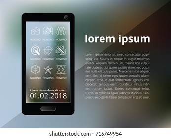 Brochure mobile template blue blur low polygon background. Abstract line icon on dark gray interface, white text box layout CMYK printing. Gradient shading flyer offset.