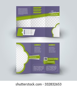 Brochure mock up design template for business, education, advertisement. Trifold booklet editable printable vector illustration. Purple and green color.