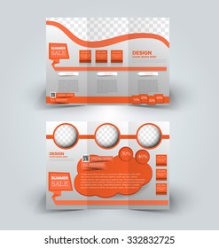 Brochure mock up design template for business, education, advertisement. Trifold booklet editable printable vector illustration. Orange color.