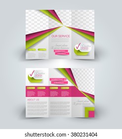Brochure mock up design template for business, education, advertisement. Trifold booklet editable printable vector illustration. Pink and green color