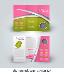 Brochure mock up design template for business, education, advertisement. Trifold booklet editable printable vector illustration. Pink and green color.