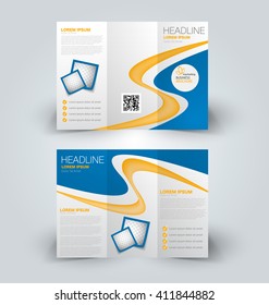 Brochure mock up design template for business, education, advertisement. Trifold booklet editable printable vector illustration. Blue and yellow color.
