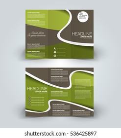Brochure mock up design template for business, education, advertisement. Trifold booklet editable printable vector illustration. Green and brown color