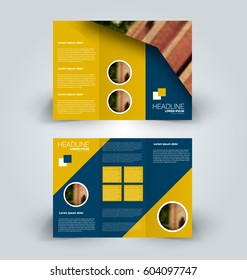 Brochure mock up design template for business, education, advertisement. Trifold booklet editable printable vector illustration. Blue and yellow color.