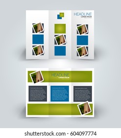 Brochure mock up design template for business, education, advertisement. Trifold booklet editable printable vector illustration. Blue and green color.