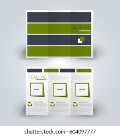 Brochure mock up design template for business, education, advertisement. Trifold booklet editable printable vector illustration. Grey and green color.