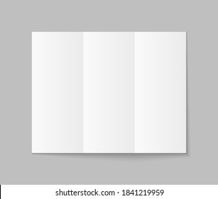 Brochure mockup with trifold. Paper leaflet with fold. Blank white flyer with shadow. Template for a4 booklet. Mock up of card. Open magazine or catalog with tri page. Cover of pamphlet. Vector.